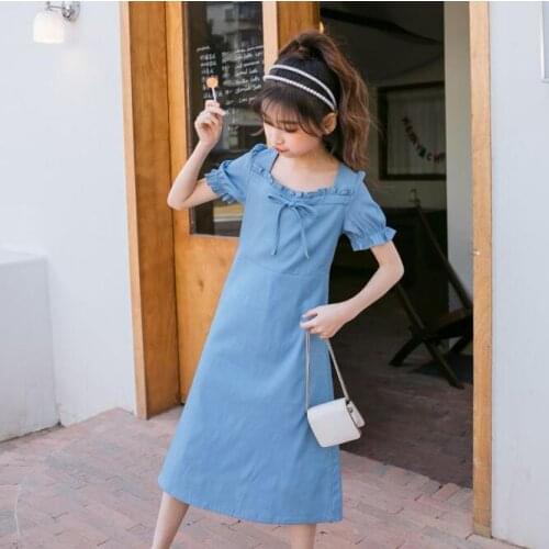 Mom And Me Dress 2021 Summer Teenage Girls Bow Tie Denim Maxi Long Party Dresses Parent-child Dress Children Clothing 4-14Year