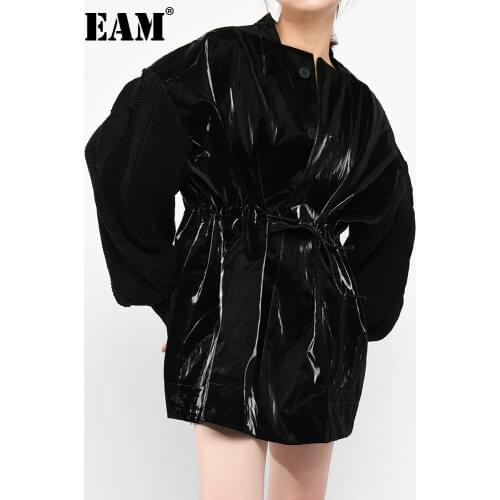 [EAM] Loose Fit Knitting Spliced Big Size Jacket New Stand Collar Long Sleeve Women Coat Fashion Spring Autumn 2021 WB67801XL
