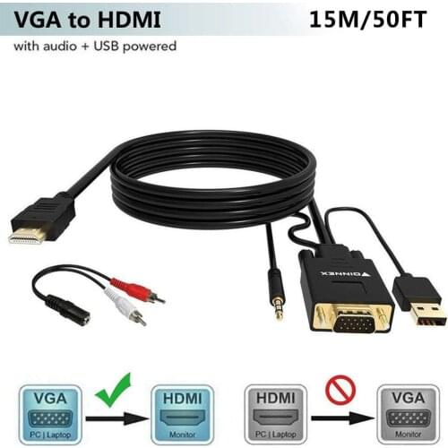 FOINNEX 15M 50FT VGA to HDMI Adapter/Converter Cable with Audio,1080P,Convert VGA Source (PC) in HDMI Connector of Monitor,TV