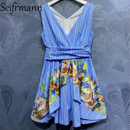 Seifrmann New 2021 Summer Women Fashion Designer Cotton Dress Sexy V-Neck Bow Sashes Ruffles Striped Print Party Short Dresses