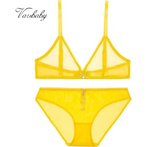 Varsbaby New French Lemon Yellow Sexy deep V Transparent Lingerie Wire Free Soft Mesh Bra Set For Women