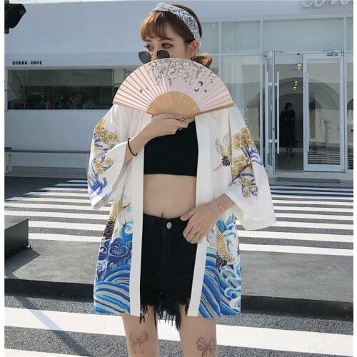 Harajuku Japanese Style Fashion Kimono Women 2021 New White Black Men Female Cardigan Blouse Haori Asian Samurai Clothes Shirt
