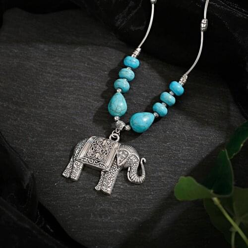 Trendy Vintage Silver Color Elephant Pendant Necklaces For Women Natural Blue Stone Jewelry Bohemian Tibet