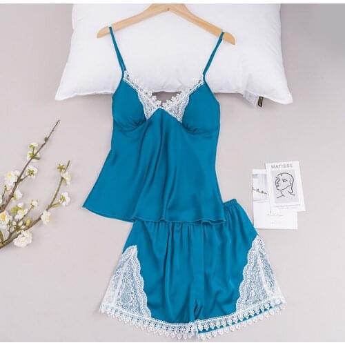 Wasteheart New Womens Sleep Pajama Sets Sleepwear Nightwear Short Suits Lace Faux Silk Nightgown 2 Pieces Lingerie Backless