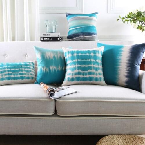 Wholesales Teal Blue Pillow Cover Abstract Watercolor Printed Cotton Linen Cushion Cover Pillow Case Home Decor45x45cm/30x50cm