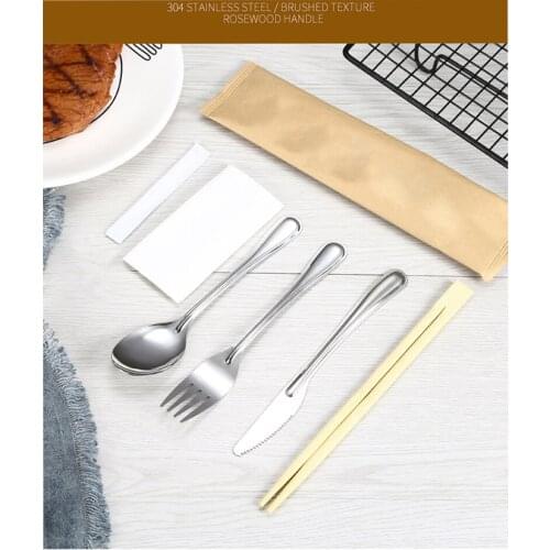 Portable Disposable Wooden Stainless Steel Cutlery Sets Spoon Chopsticks Travel Picnic Forks Restaurant Dinnerware