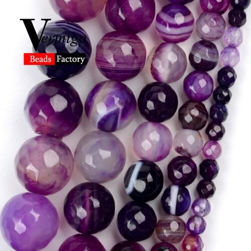 Natural Faceted Purple Stripe Agates Stone Round for Jewelry Making 4/6/8/10/12mm Spacer Beads Diy Bracelet Necklace Accessories