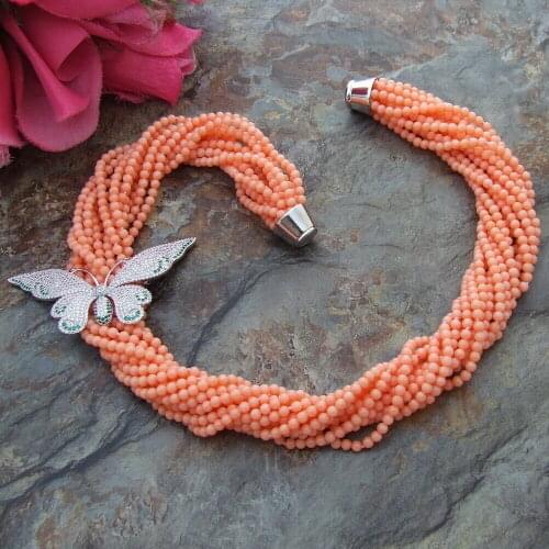 Pink Round 4MM Coral Zircon Pendant 20" 13 Strands Necklace