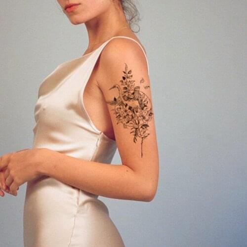 Temporary Tattoo Stickers Red-crowned Crane Moon Flower Bush Design Fake Tattoos Waterproof Tatoos Arm Large Size for Women Girl
