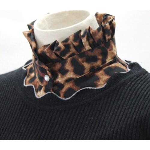 Ladies Women Vintage Leoaprd Printed Chiffon Half-Shirt Blouse Sweater Decorative Detachable Fake Ruffles Stand Collar