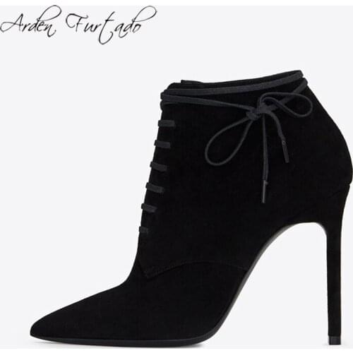 Fashion black womens shoes winter 2019 stilettos heels pointed toe cross tied cross tied ladies boots short boots big size new