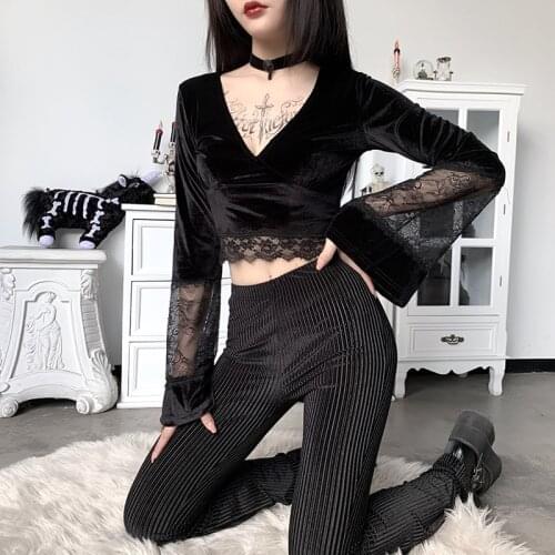 2021 Fairy Grunge Gothic Crop Top Flare Long Sleeve Lace Hollow Out Black T-shirt Retro Bodycon Female V-neck Tops Elegant Top
