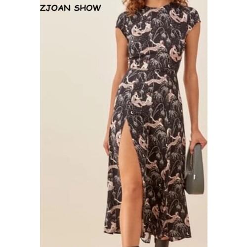 2021 Summer Retro Short Sleeve Beauty Girl Print Backless Dress for Woman Hollow Out Back Hem Slit Midi Dresses Holiday Robe