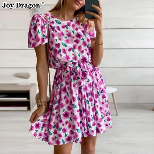 Summer Women 2021 Casual Party Midi Light Plus Size Short Sleeve Beach Clothes Basic Floral Pattern Elegant Pink Boho Dress