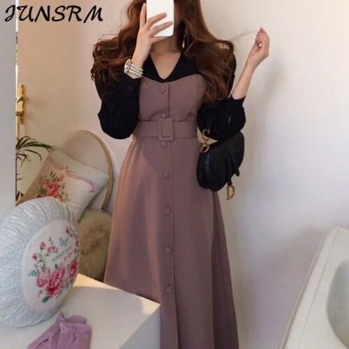 One-Piece Puff Sleeve Sashes V Neck Button Midi Dress Women Two-Piece Vintage Patchwork Strapless Elegant Dress Robe Longue Femm