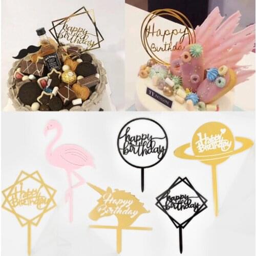 Gold Silver Black Cake Topper Happy Birthday Cupcake Cake Top Flags for Love Family Birthday Party Baking Decoration Supplies