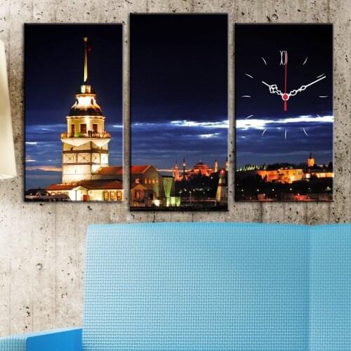 3 PCS With Clock Turkey Istanbul Night Maidens Tower Painting Canvas Table 81X50 CM