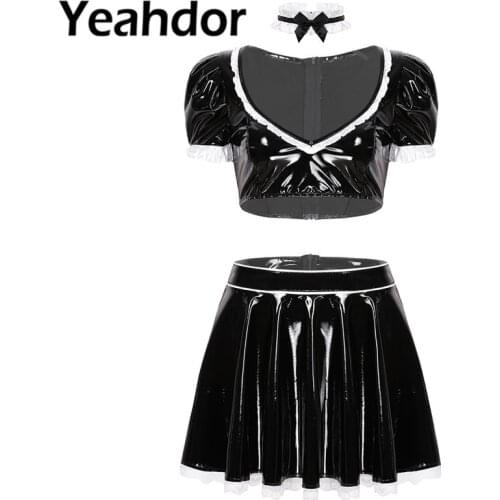 3Pcs Women Wet Look Patent Leather French Maid Cosplay Costume Puff Sleeve Plunging Deep V-neck Crop Top with Short Skirt Choker