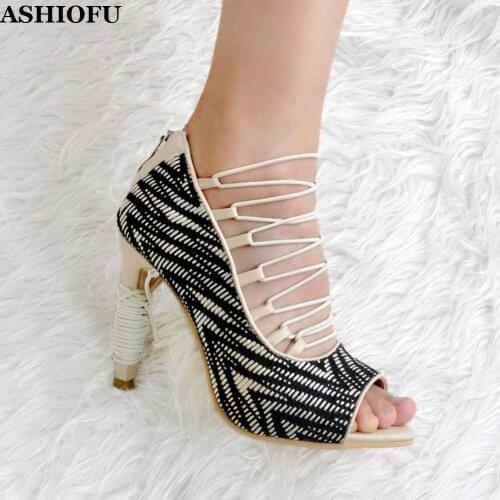 ASHIOFU Handcrafted Women High Heel Pumps Peep-toe Shoelace Party Prom Dress Shoes Sexy Evening Club Fashion Court Shoes XD035