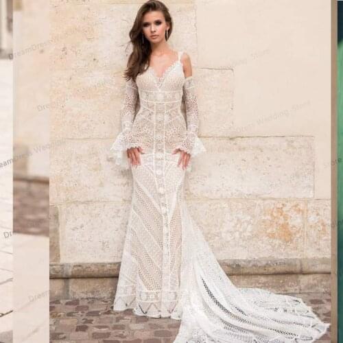 Bohemian Wedding Dress 2021 Long Sleeve Boho Beach Bride Dresses Mermaid Robe De Mariee Vintage Lace Princess Wedding Dresses