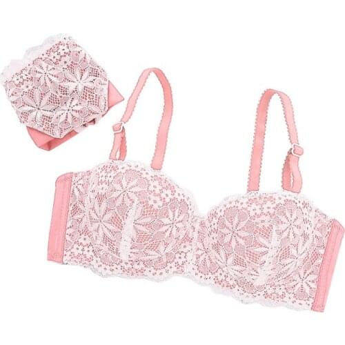 Women Seamless Half Cup Lace Bra Small Breasts Push Up Sexy Back Closure Tow Hook Underwear Girls Bra Set