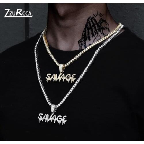 Hip Hop Letter SAVAGE Pendant Necklace Gold Tennis Chain Crystal Necklace for Women Men Charm Choker colar masculino