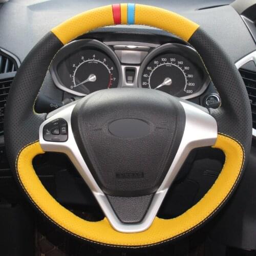 Yellow Black Leather DIY Car Steering Wheel Cover for Ford Fiesta 2008-2013 Ecosport 2013-2016