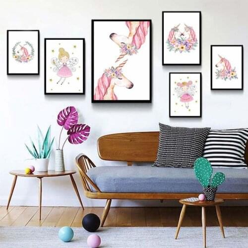 Ins Pink Unicorn Art Decorative Painting Living Room for Girl Room Bedroom Background Wall Frameless Canvas Paintings Home Decor