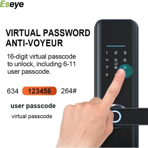 Eseye Tuya Wifi APP Electronic Smart Door Lock With Biometric Fingerprint/Smart Card/Virtual password/ USB Emergency Charge