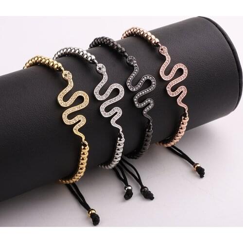 Jaravvi High Quality CZ Micro Pave Snake Stainless Steel Beads Handmade Cord Macrame Friendship Bracelet Men Women Jewelry Gift