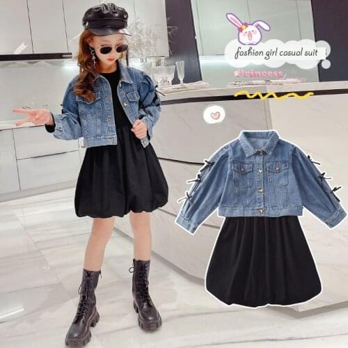 Girl Long Sleeve Suit 2021 Autumn Kids Clothes Denim Coat Black Dress Sets Fashion Winter Teens School Clothes Bow Girl Outfits