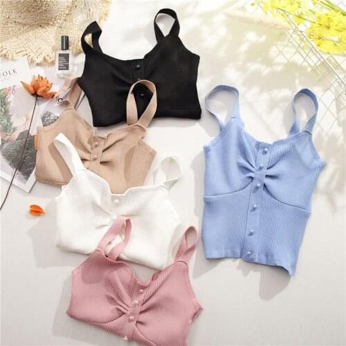 HELIAR Female V-Neck Buttoned Up Crop Tops Women Tops Pleated Spaghetti Camis For Women Tops Strappy Tops