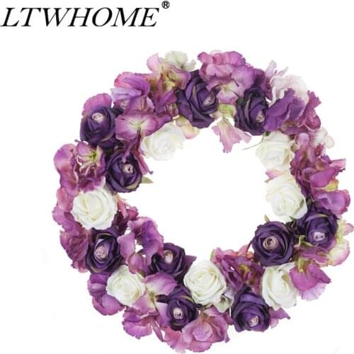LTWHOME 15 Inch Handmade Wreath with Roses, Orchids for Front Door, Wall, Mantelpiece, Window Decoration, Model: WHPUR