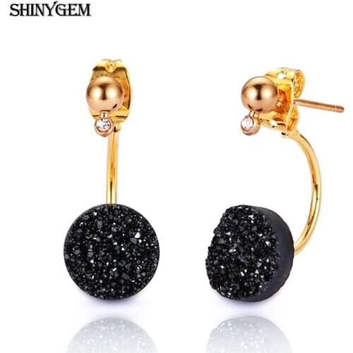 ShinyGem 2020 Trendy Round Natural Sparkling Crystal Druzy Stone Stud Earrings Zircon Gold Plating Bending For Women Party Gift