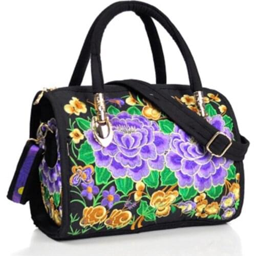 New national wind embroidered portable slung dual-use drum bag canvas embroidery flower bag travel handbag