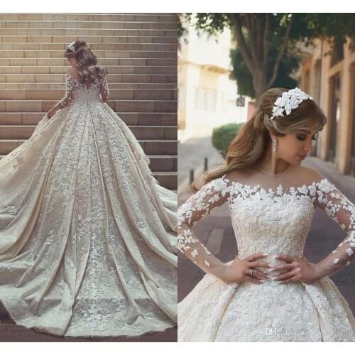 New Gorgeous Sheer Neck Lace Wedding Dresses Long Sleeves Crystals Ruffles Appliques Tulle Wedding Dresses vestido de noiva