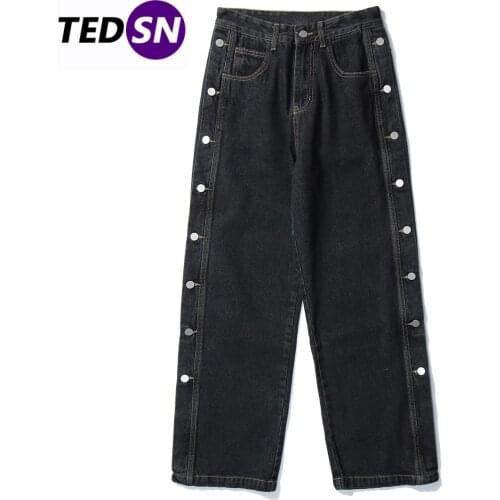 Hip Hop Casual Straight Pants Men Streetwear Loose Side Button Jeans 2020 Harajuku Oversized Joggers Men Trousers