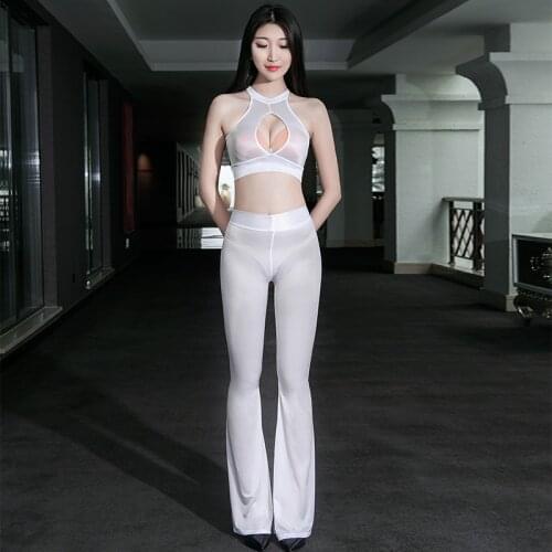 See Through Bell-Bottomed Pants Open Chest Sexy Shiny Vest Nightclub Transparent Pole Dance Costume Sex Party Temptation Set