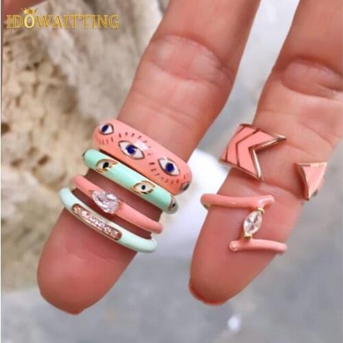 Drop Shipping Gold Color Pink Enamel Turkish Evil Eye Women Finger Band Ring Boho Bohemia Fashion Lucky Jewelry US Size 5 6 7 8