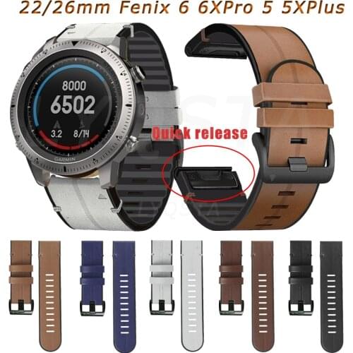 22 26mm smart Watchband For Garmin Fenix 6 6XPro 5X 5Plus 3HR 935 945 Descent Mk1 Quick Release Strap Silicagel+leather Bracelet