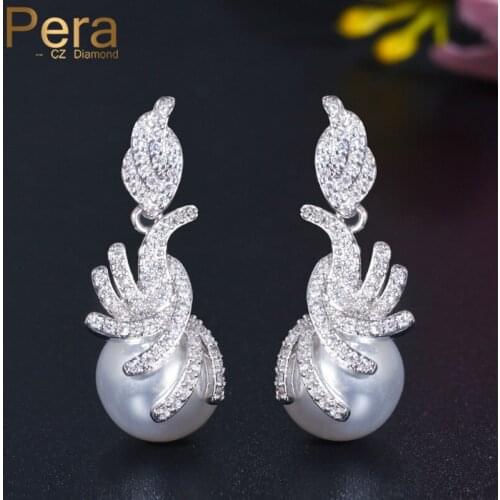 Pera Full Paved Gorgeous CZ Stone Bridal Simulated Pearl Hanging Drop Earrings for Elegant Women Dress Jewelry Accessories E339