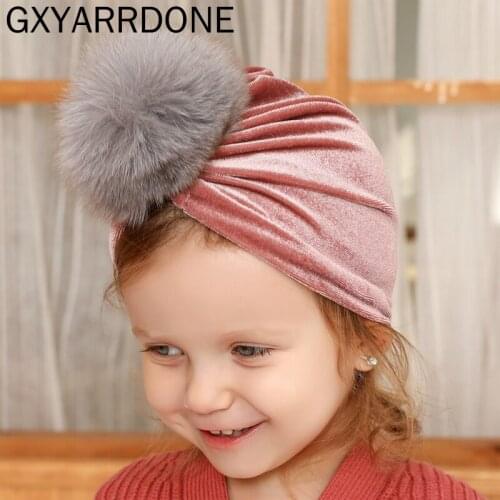 1pcs 2019 Baby Girl Velvet Turban Caps Kids Bebe India Caps 100% Real Raccoon Fur Pompom Beanie Hat Boys Newborn Children Hats