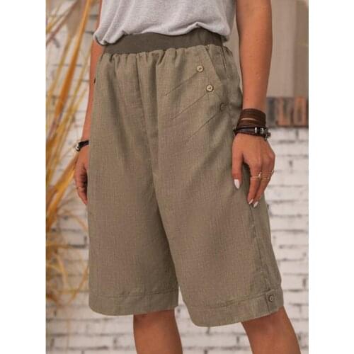 Summer High Waist Knee Length short Pants Women Black Khaki Pocket Straight Korean Casual Cotton Linen Shorts BF Half Trousers