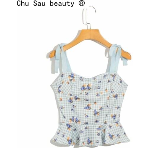 New Fashion Streetwear Style Summer Floral Printed Crop Top Women Casual Chic Elastic Back Sleeveless Sling Shirt Female Camis