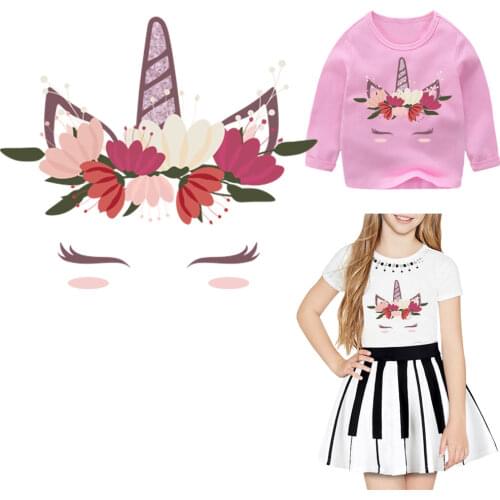 Iron On Cute Flower Unicorn Patches For Kids Clothing DIY T-shirt Thermo Transfer Sticker Heat Transfer For Clothes Parches Ropa
