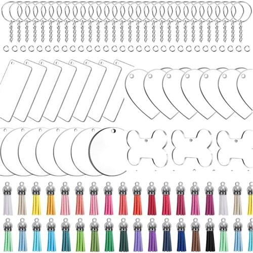 160 PCS Acrylic Keychain Blanks Including 4 Different Shape, Tassel Pendant and Key Rings for DIY Projects Crafts