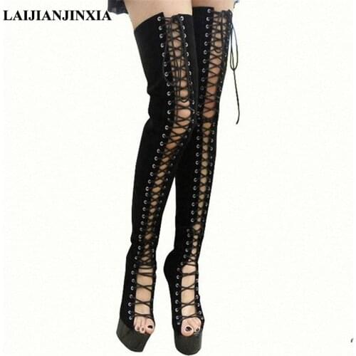 Suede with hollow out before knee-high boots 15 cm high heels bottom thick waterproof platform spring and autumn womens boots