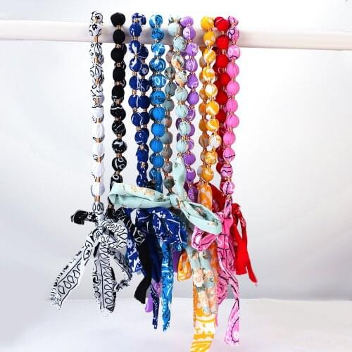 AENSOA Printing Bohemia Fabric Wood Beaded Bandana Necklaces For Women Handmade Ethnic Bow Knot Long Adjustable Necklace Jewelry