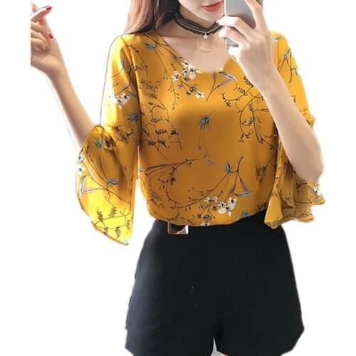 Plus Size Summer Office Lady Blouse Fashion Elegant Flower Print Half Flare Sleeve V Neck Chiffon Blouse Shirt 2021 New