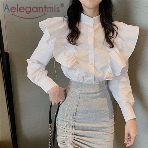 Aelegantmis Vintage Lotus Leaf Collar Blouse Women Elegant Lantern Sleeve Office Lady Shirts 2021 All Match Tops Design Style